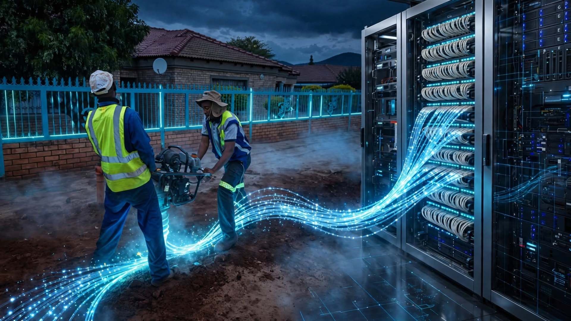 Field crew installing fibre cabling linked to a glowing server rack