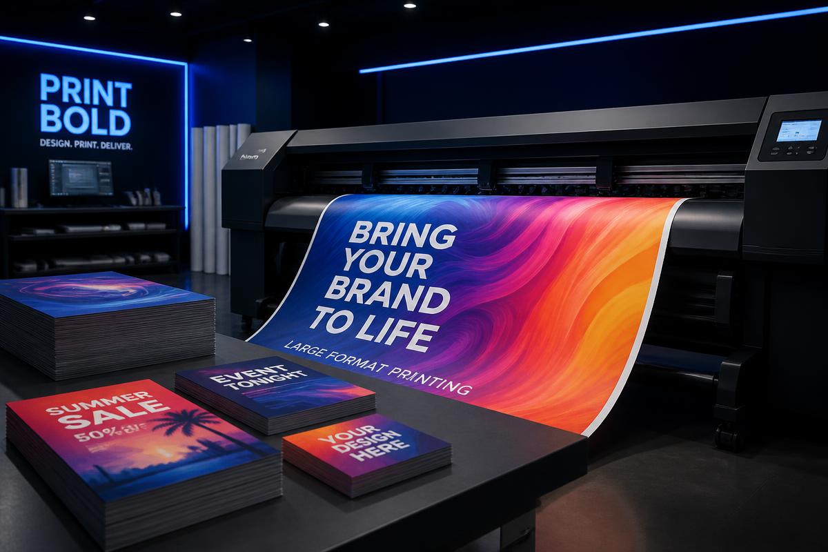 Large format printer producing a colourful banner alongside printed posters