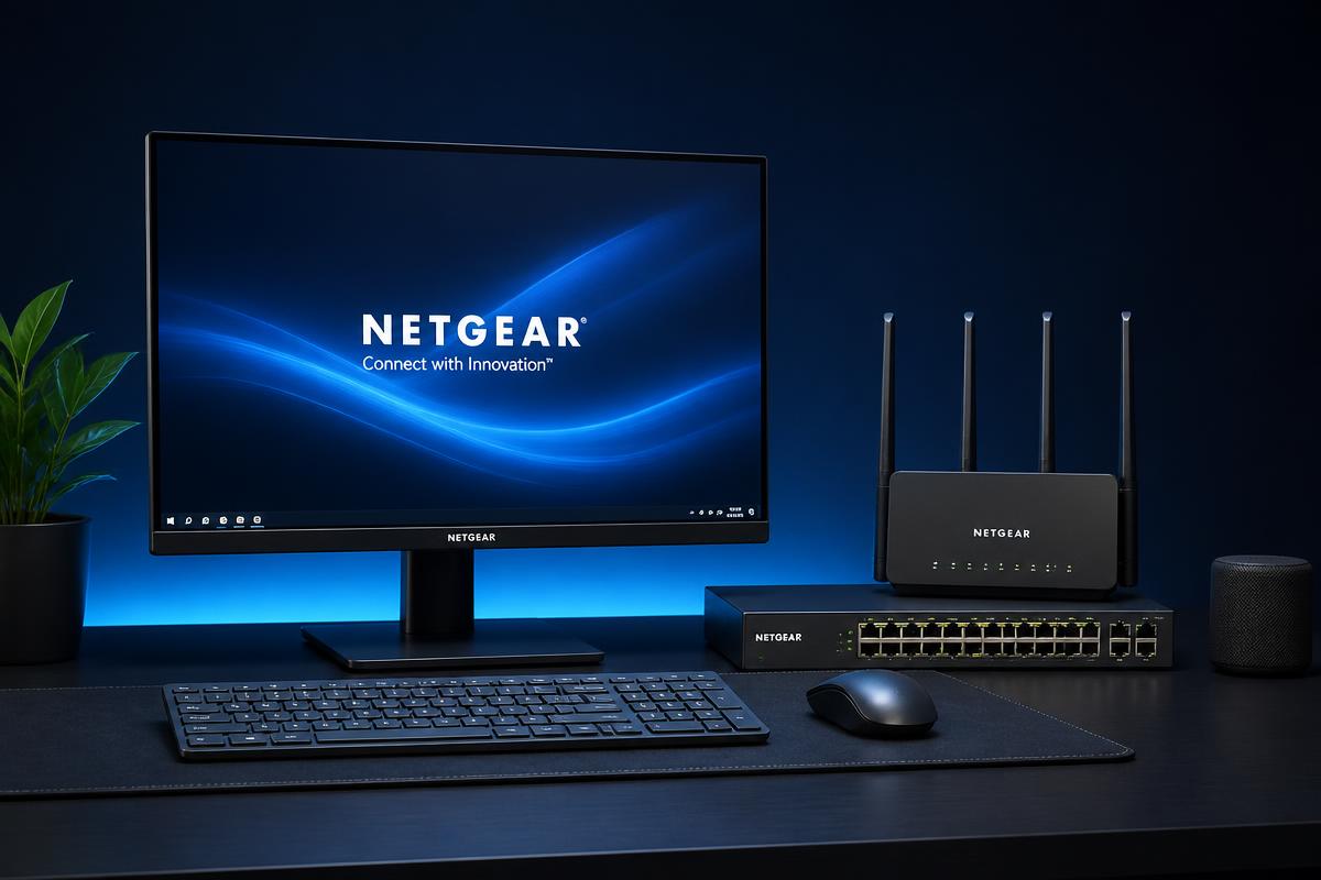 Office desk setup with monitor, keyboard, mouse, router and network switch