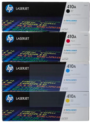 Genuine HP LaserJet 410A toner cartridges in black, magenta, cyan and yellow